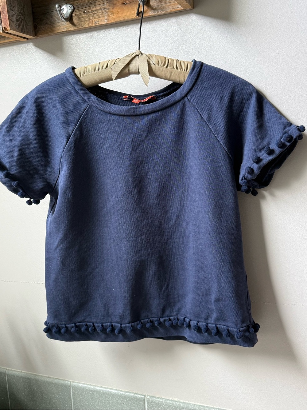 ModCloth Navy Pom Pom Trim Top Size S Boxy Cropped Cotton Tee Boho